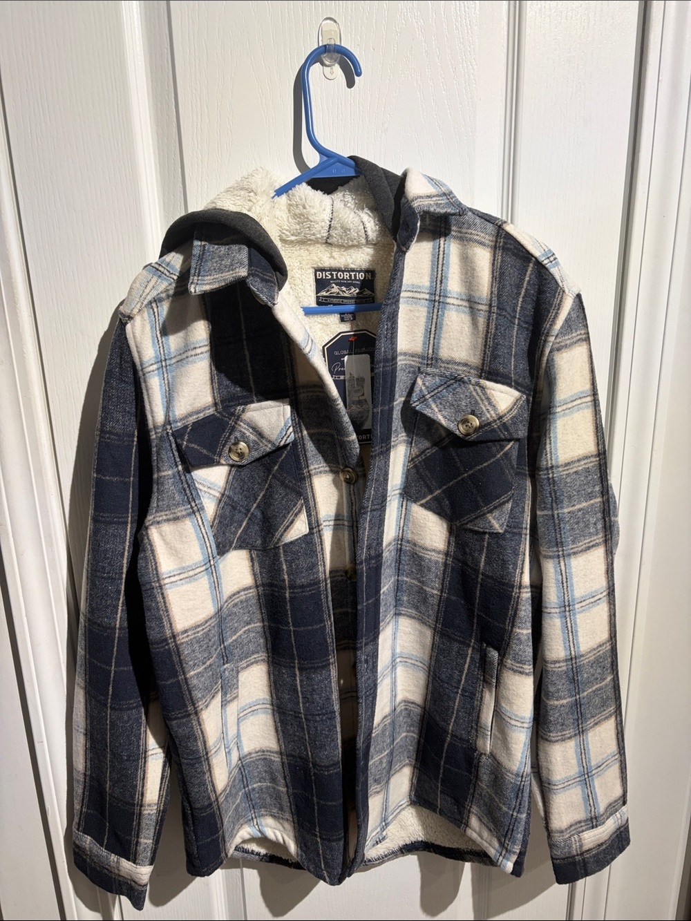 NWT Distortion Navy & White Plaid Sherpa-Lined Jacket
